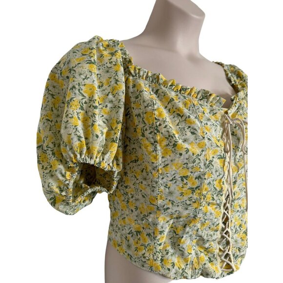 ASTR Womens Floral Smocked Top Medium Yellow Puff Sleeve Cropped Boning NWT - Picture 4 of 12